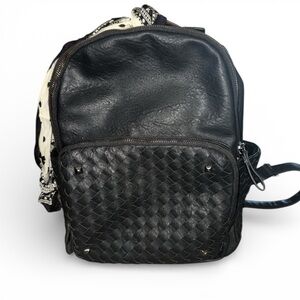Black Woven Vegan Leather Studded Backpack With Cute Butterfly Polka Dot Scarf